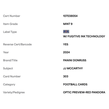 J.J. McCarthy PSA 9 2024 Panini Donruss Optic Preview Red Pandora Card #303