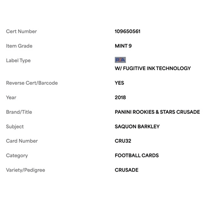 Saquon Barkley PSA 9 2018 Panini Rookies & Stars Crusade Card #CRU32