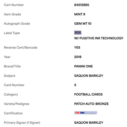Saquon Barkley PSA 9 2018 Panini One Patch Autograph Bronze #49/ 49 Card #5