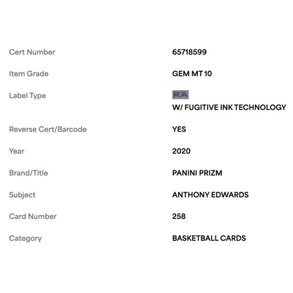 Anthony Edwards PSA 10 2020 Panini Prizm Rookie RC Card #258