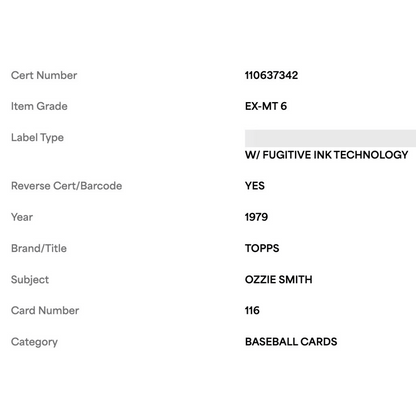 Ozzie Smith PSA 6 1979 Topps Card #116
