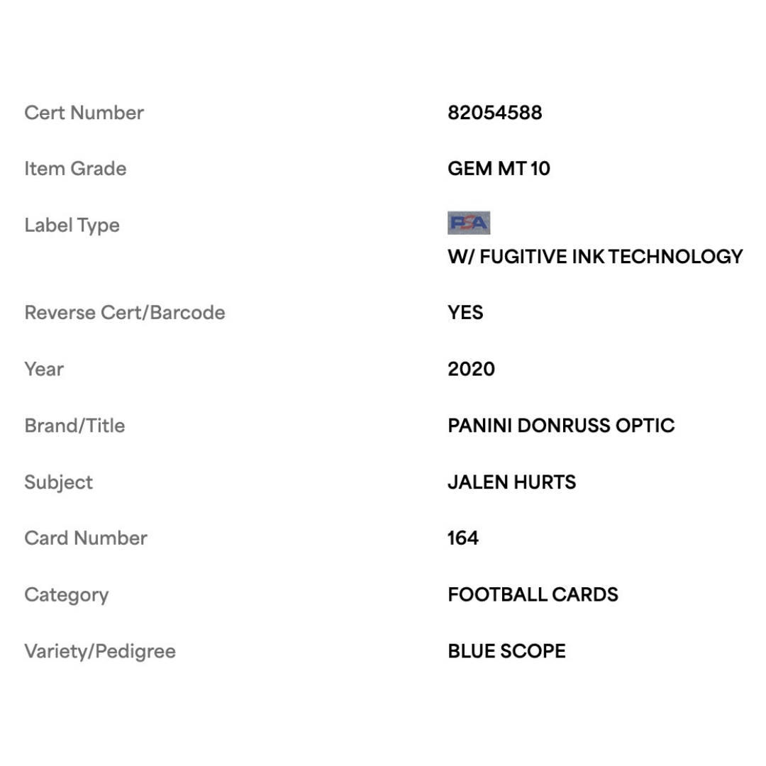 Jalen Hurts PSA 10 2020 Panini Donruss Optic Blue Scope Rated Rookie Card #164