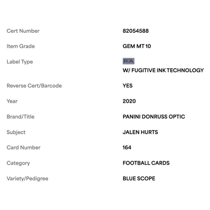 Jalen Hurts PSA 10 2020 Panini Donruss Optic Blue Scope Rated Rookie Card #164