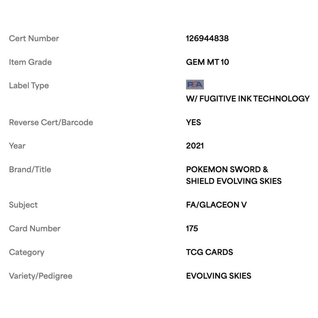 FA/ Glaceon V PSA 10 2021 Pokemon Sword & Shield Evolving Skies Card #175