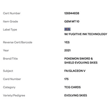 FA/ Glaceon V PSA 10 2021 Pokemon Sword & Shield Evolving Skies Card #175