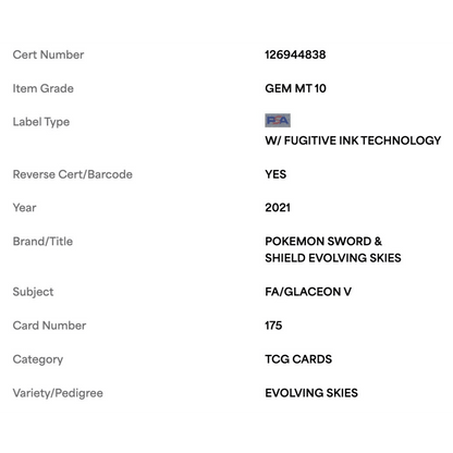 FA/ Glaceon V PSA 10 2021 Pokemon Sword & Shield Evolving Skies Card #175