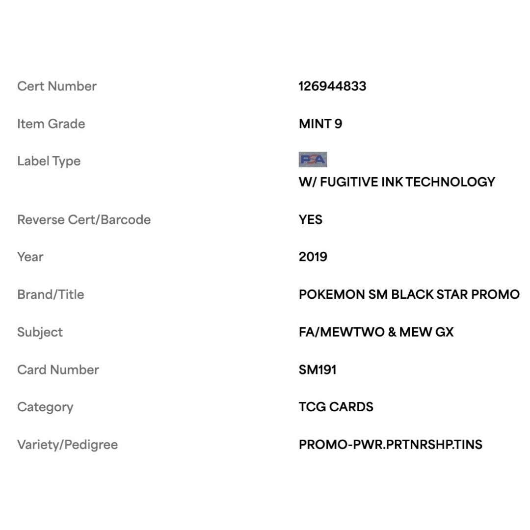 FA/ Mewtwo & Mew GX PSA 9 2019 Pokemon SM Black Star Promo Power Partnership Tin Card #SM191