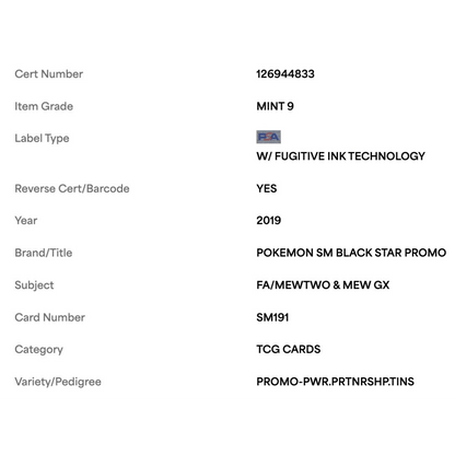 FA/ Mewtwo & Mew GX PSA 9 2019 Pokemon SM Black Star Promo Power Partnership Tin Card #SM191