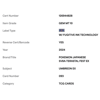 Umbreon ex PSA 10 2019 Pokemon Japanese SV8a -Terastal Fest ex Card #093