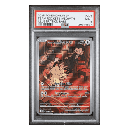 Team Rocket's Meowth PSA 9 2025 Pokemon DRI EN Illustration Rare Card #203