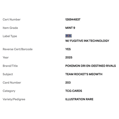 Team Rocket's Meowth PSA 9 2025 Pokemon DRI EN Illustration Rare Card #203