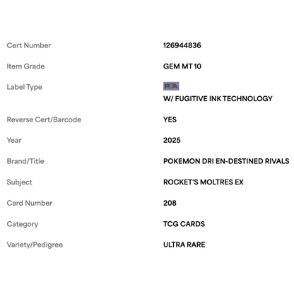 Rocket's Moltres ex PSA 10 2025 Pokemon DRI EN Ultra Rare Card #208