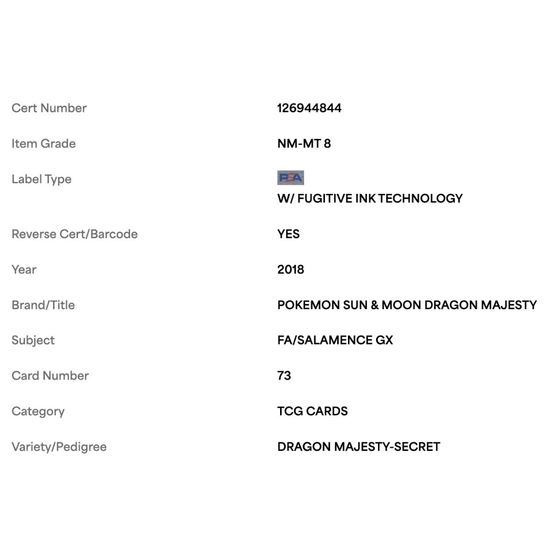 FA/ Salamence GX PSA 8 2018 Pokemon Sun & Moon Dragon Majesty - Secret Card #73