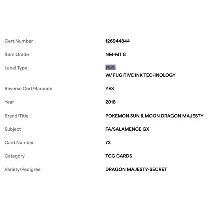 FA/ Salamence GX PSA 8 2018 Pokemon Sun & Moon Dragon Majesty - Secret Card #73