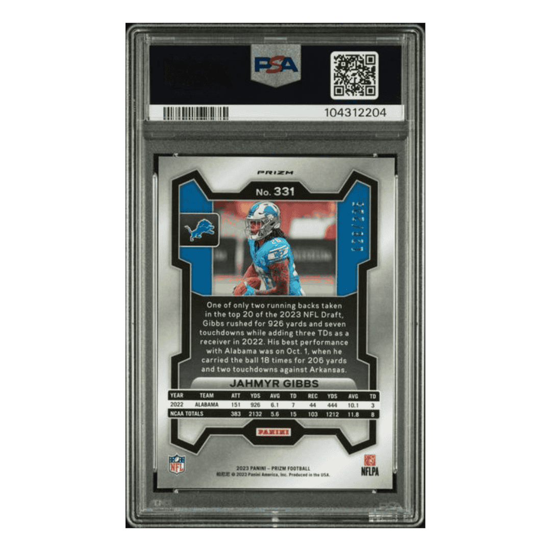 Jahmyr Gibbs PSA 10 2023 Panini Prizm Purple Ice Rookie RC #d/ 225 Card #331