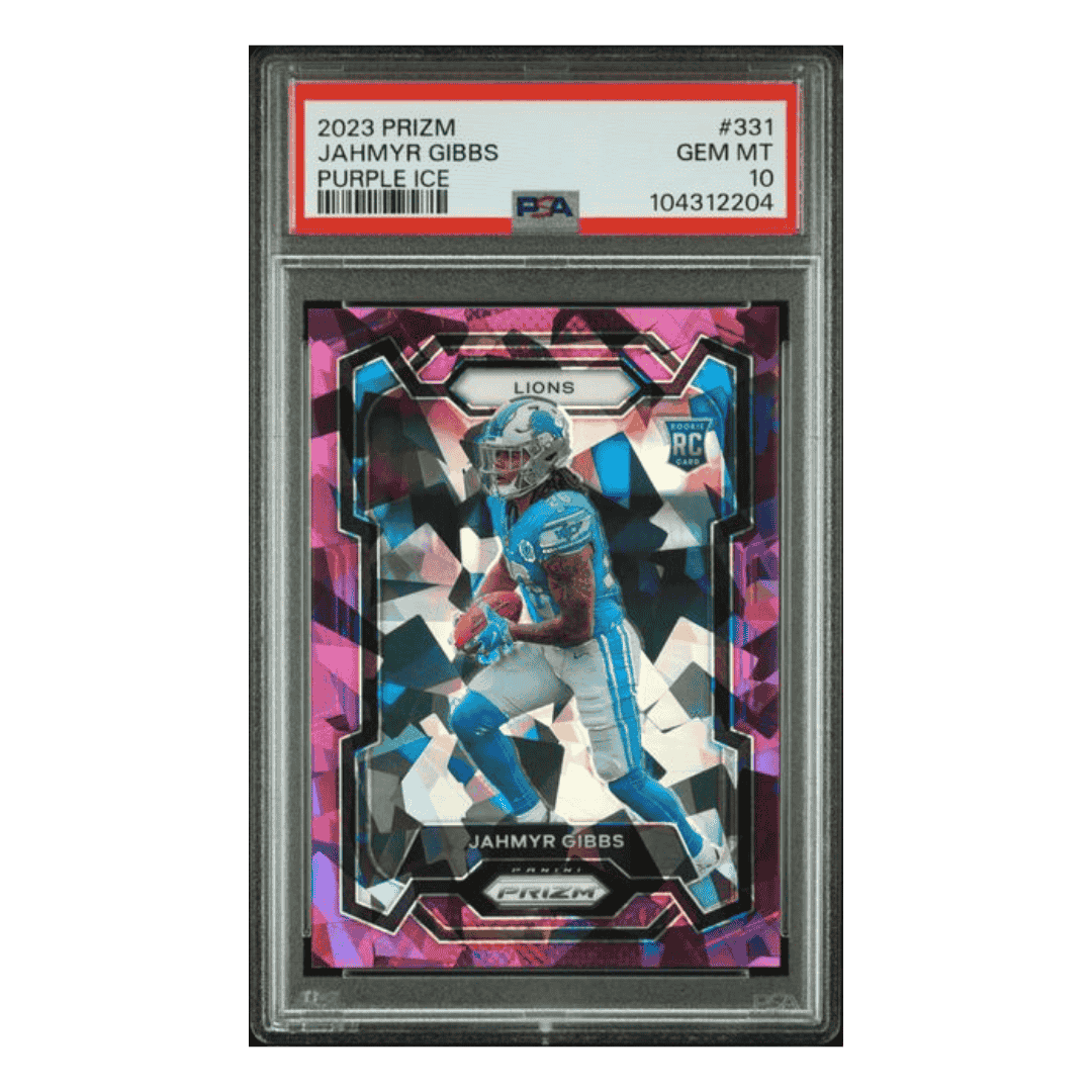 Jahmyr Gibbs PSA 10 2023 Panini Prizm Purple Ice Rookie RC #d/ 225 Card #331