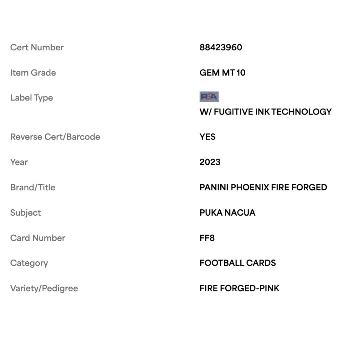 Puka Nacua PSA 10 2023 Panini Phoenix Fire Forged Pink d/ #175 Card #FF8