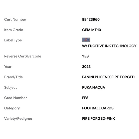 Puka Nacua PSA 10 2023 Panini Phoenix Fire Forged Pink d/ #175 Card #FF8