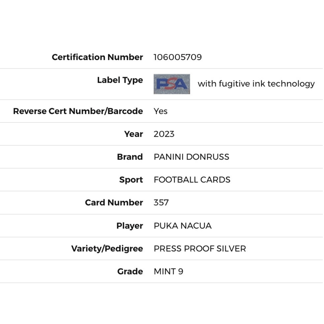 Puka Nacua PSA 9 2023 Panini Donruss Press Proof Silver Rated Rookie Card #357