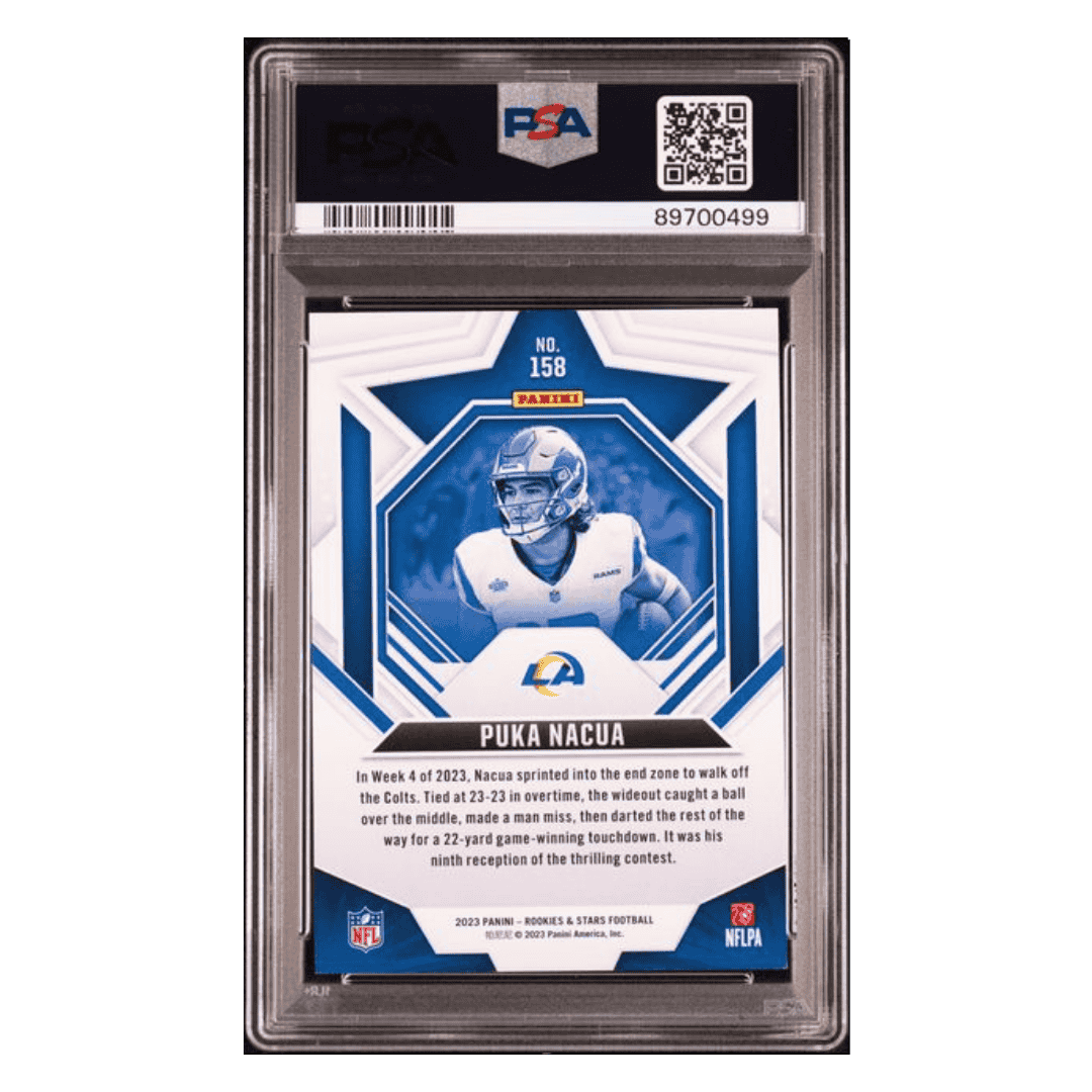 Puka Nacua PSA 9 2023 Panini Rookies & Stars Purple Rookie RC #d/199 Card #158