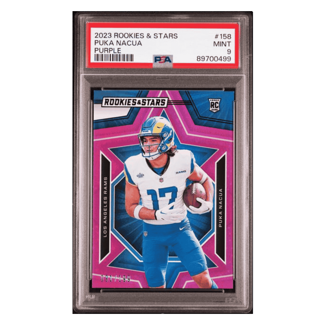 Puka Nacua PSA 9 2023 Panini Rookies & Stars Purple Rookie RC #d/199 Card #158