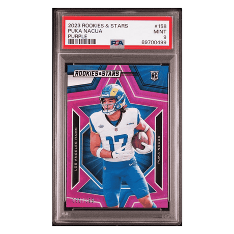 Puka Nacua PSA 9 2023 Panini Rookies & Stars Purple Rookie RC #d/199 Card #158
