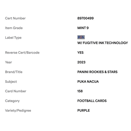 Puka Nacua PSA 9 2023 Panini Rookies & Stars Purple Rookie RC #d/199 Card #158