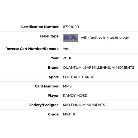 Randy Moss PSA 9 2000 Quantum Leaf Millennium Moments #d/1000 Card #MM5