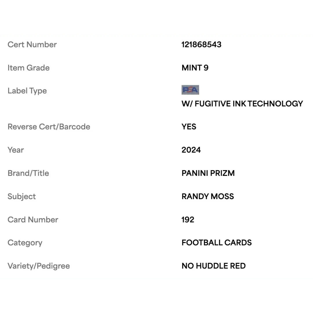 Randy Moss PSA 9 2024 Panini Prizm No Huddle Red Card #192