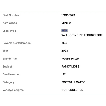 Randy Moss PSA 9 2024 Panini Prizm No Huddle Red Card #192