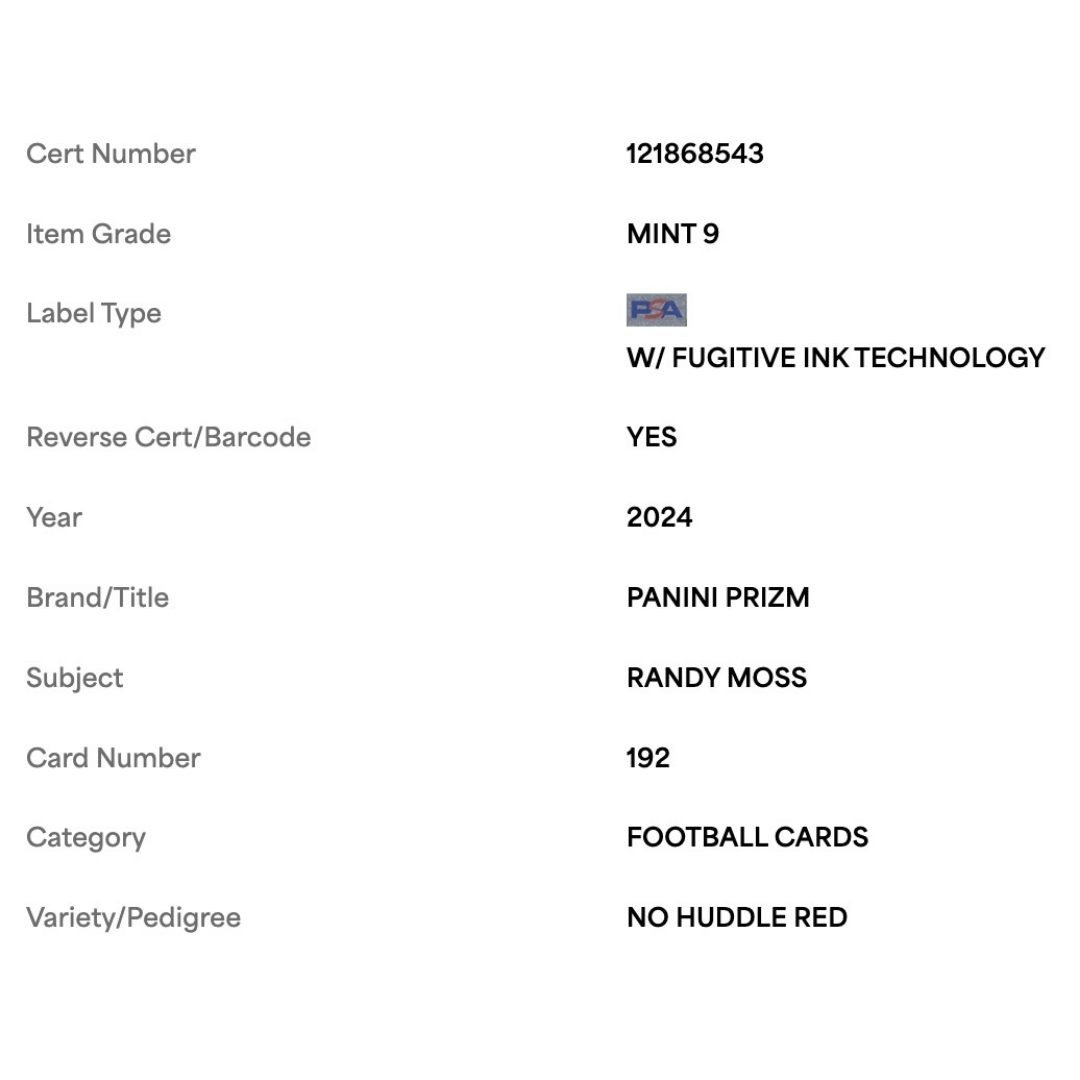 Randy Moss PSA 9 2024 Panini Prizm No Huddle Red Card #192