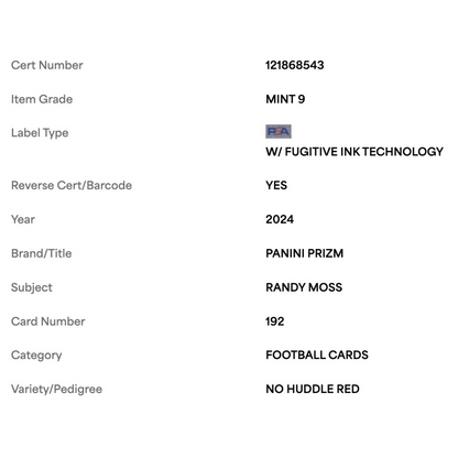 Randy Moss PSA 9 2024 Panini Prizm No Huddle Red Card #192