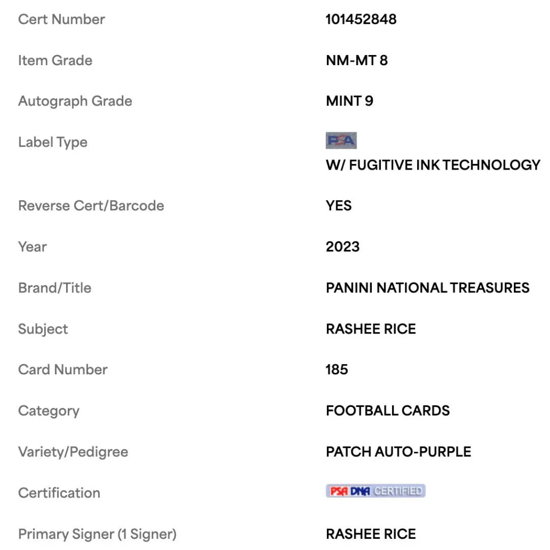 Rashee Rice PSA 8 2023 Panini National Treasures Patch Autograph Purple Rookie RC #d/ 49 Card #185