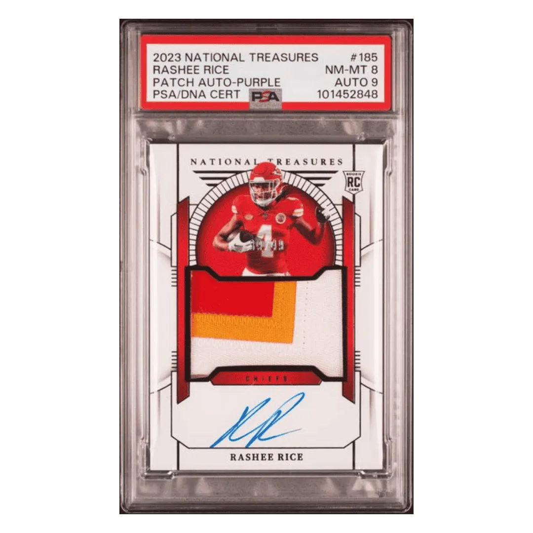 Rashee Rice PSA 8 2023 Panini National Treasures Patch Autograph Purple Rookie RC #d/ 49 Card #185