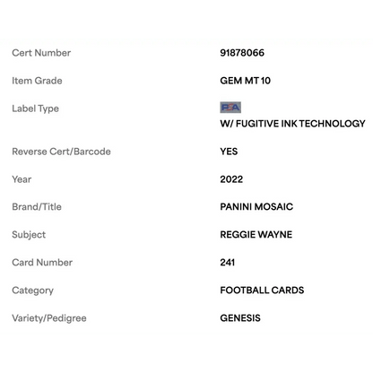 Reggie Wayne PSA 10 2022 Panini Mosaic Genesis Card #241