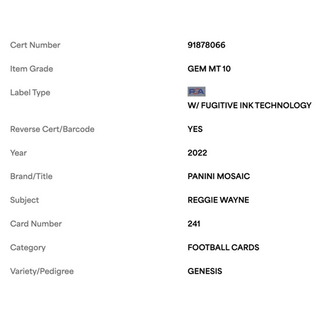 Reggie Wayne PSA 10 2022 Panini Mosaic Genesis Card #241