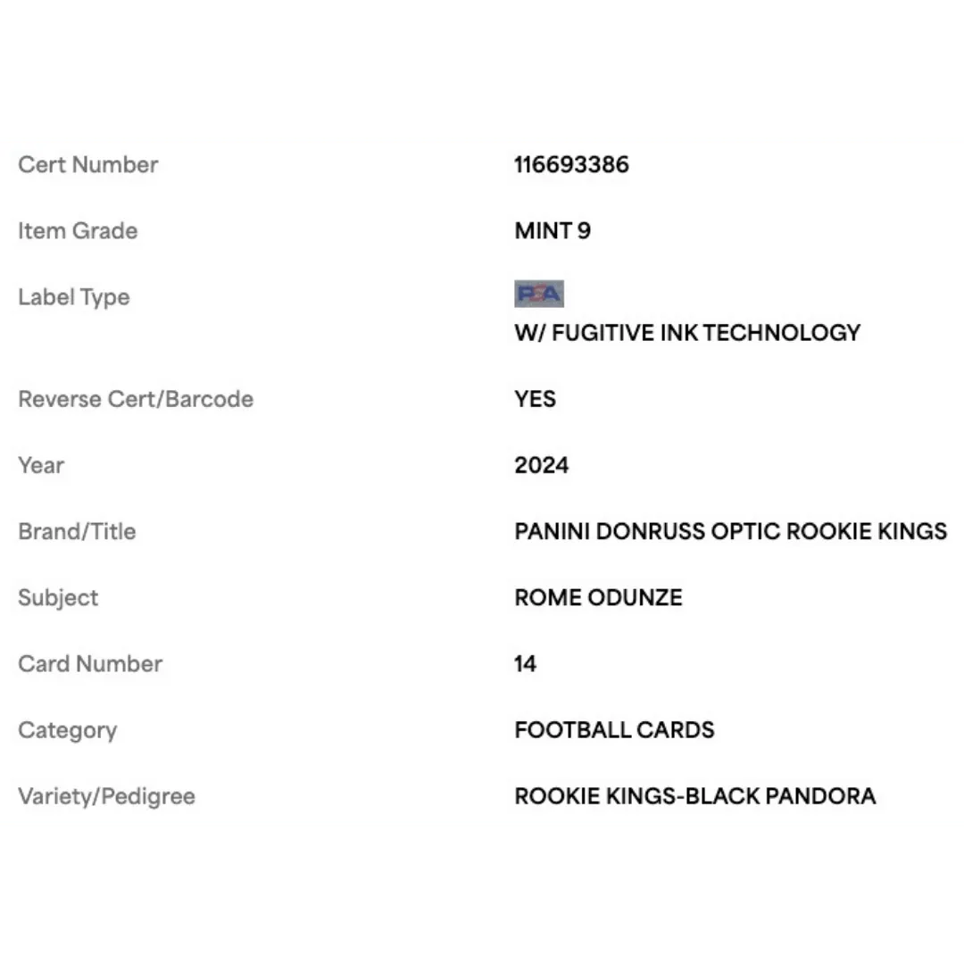 Rome Odunze PSA 9 2024 Panini Donruss Optic Rookie Kings Black Pandora #d/ 25 Card #14