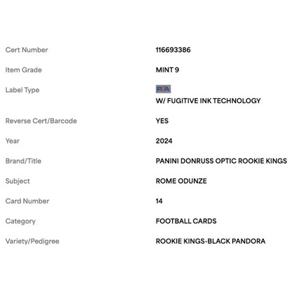 Rome Odunze PSA 9 2024 Panini Donruss Optic Rookie Kings Black Pandora #d/ 25 Card #14