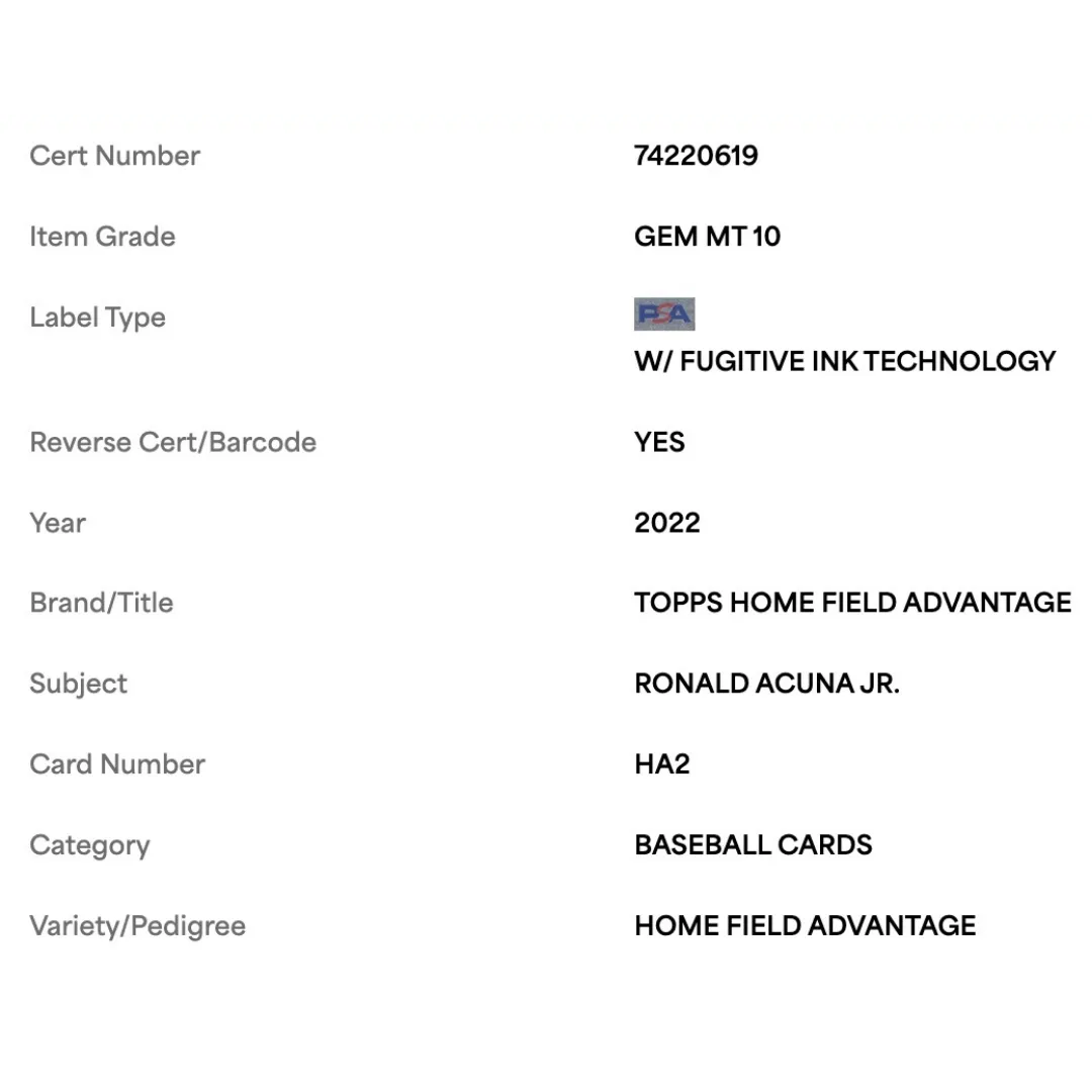Ronald Acuna Jr PSA 10 2022 Topps Home Field Advantage Card #HA2