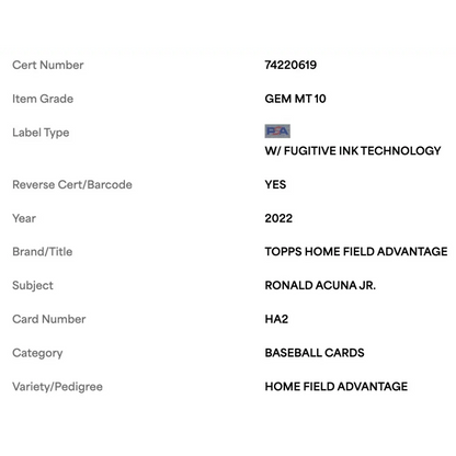 Ronald Acuna Jr PSA 10 2022 Topps Home Field Advantage Card #HA2