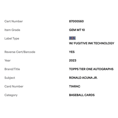 Ronald Acuna Jr PSA 10 2023 Topps Certified Tier One Autograph #d/75 Card #T1ARAC