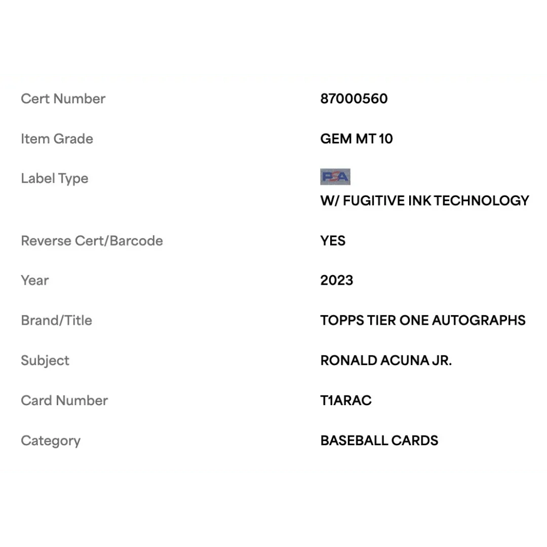Ronald Acuna Jr PSA 10 2023 Topps Certified Tier One Autograph #d/75 Card #T1ARAC
