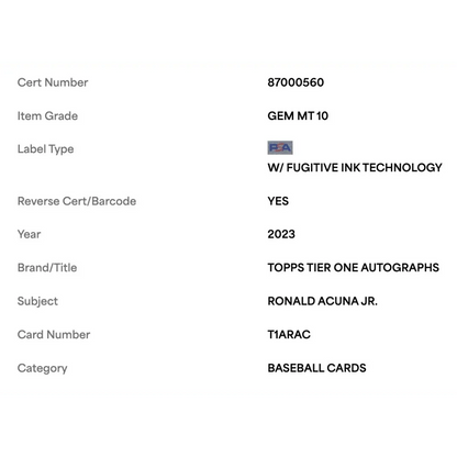 Ronald Acuna Jr PSA 10 2023 Topps Certified Tier One Autograph #d/75 Card #T1ARAC