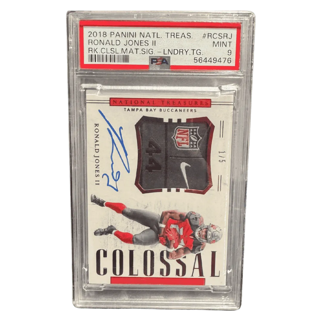 Ronald Jones II PSA 9 2018 Panini National Treasures Rookie Colossal Materials Signature Laundry Tag #1/5 Card #RCSRJ