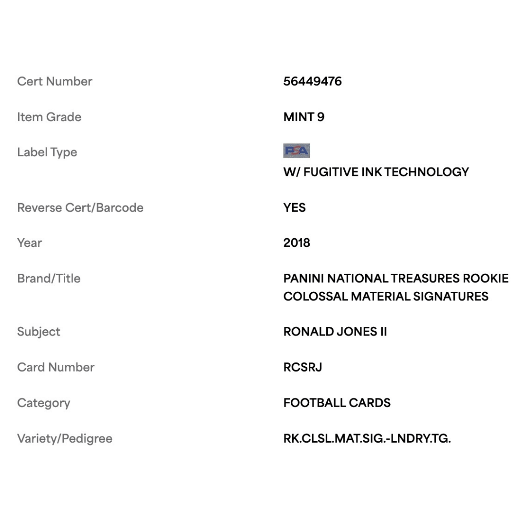 Ronald Jones II PSA 9 2018 Panini National Treasures Rookie Colossal Materials Signature Laundry Tag #1/5 Card #RCSRJ