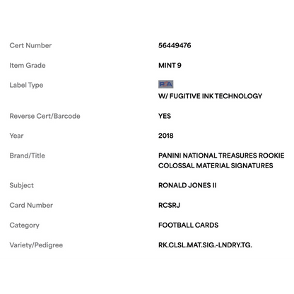 Ronald Jones II PSA 9 2018 Panini National Treasures Rookie Colossal Materials Signature Laundry Tag #1/5 Card #RCSRJ