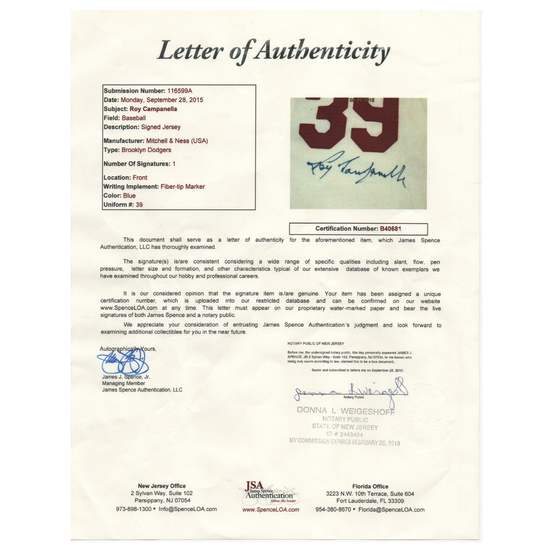 Roy Campanella Brooklyn Dodgers Autographed Cooperstown Collection Stat Jersey - JSA LOA