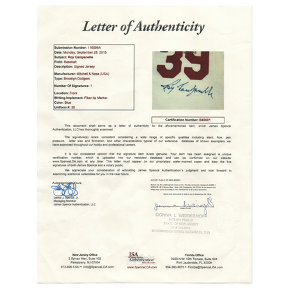 Roy Campanella Brooklyn Dodgers Autographed Cooperstown Collection Stat Jersey - JSA LOA