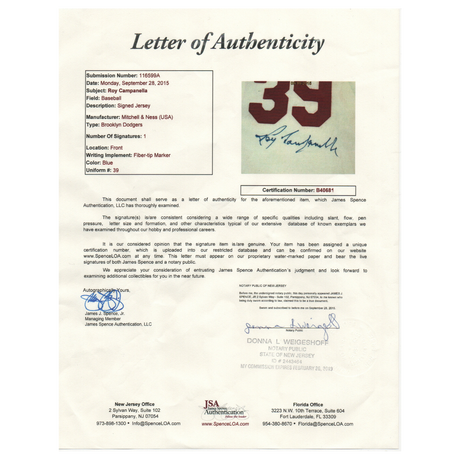 Roy Campanella Brooklyn Dodgers Autographed Cooperstown Collection Stat Jersey - JSA LOA