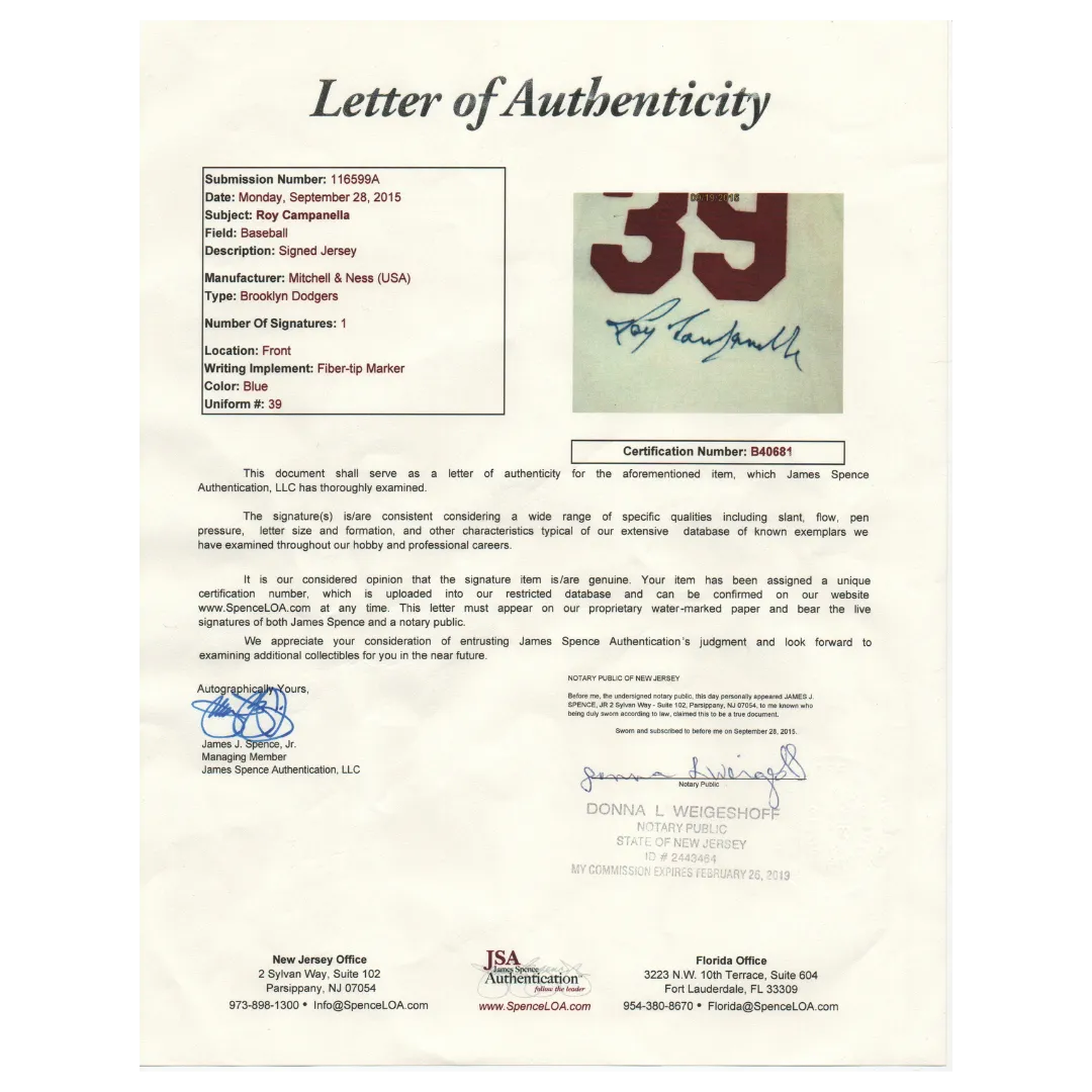 Roy Campanella Brooklyn Dodgers Autographed Cooperstown Collection Stat Jersey - JSA LOA